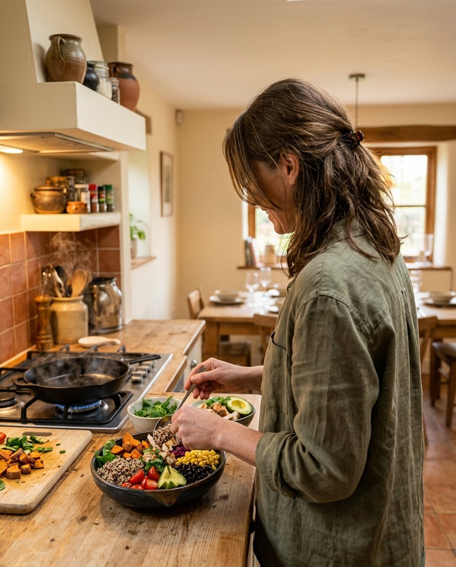 Bowl wird in der Küche angerichtet