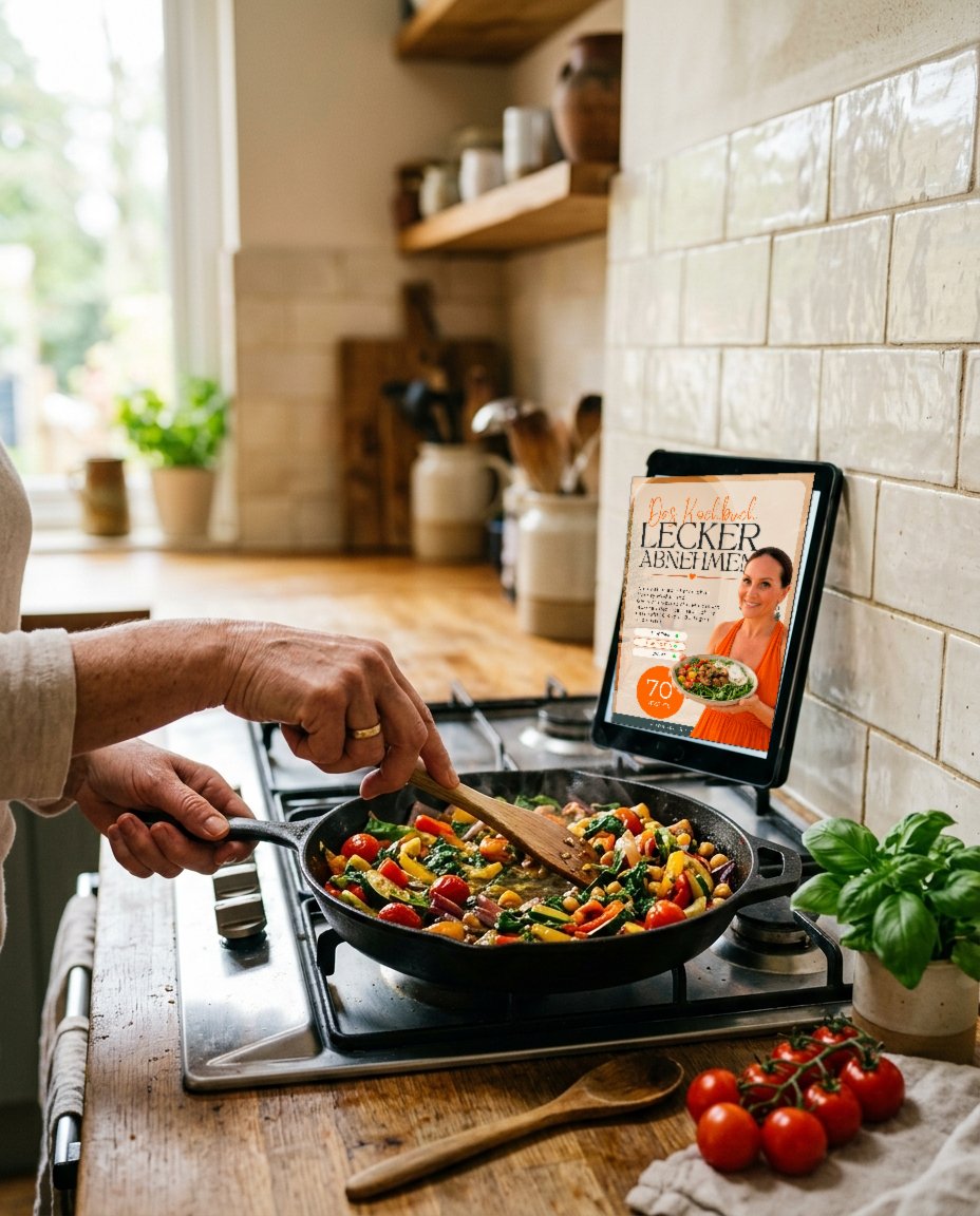 Tablet mit dem Lecker-Abnehmen-E-Book neben dem Herd