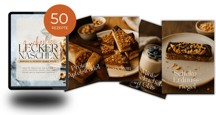 Digitales Rezeptbuch mit 50 zuckerfreien Snack- und Süßigkeitenrezepten, darunter Protein-Apfelstrudel, Nussecken, Mini-Käsekuchen im Glas und Schoko-Erdnussriegel.