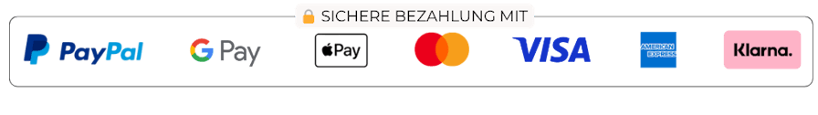 Sichere Bezahlung mit PayPal, Google Pay, Apple Pay, Mastercard, VISA, American Express und Klarna