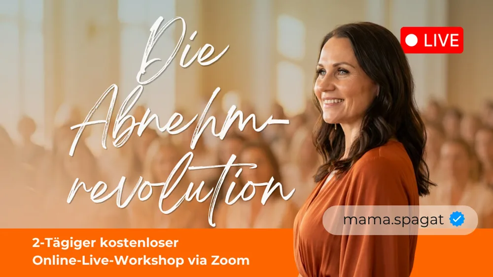Vanessa Reinthaller vor einem Saal voller Frauen, Schriftzug „Die Abnehmrevolution“, Hinweis „2-Tägiger kostenloser Online-Live-Workshop via Zoom“.