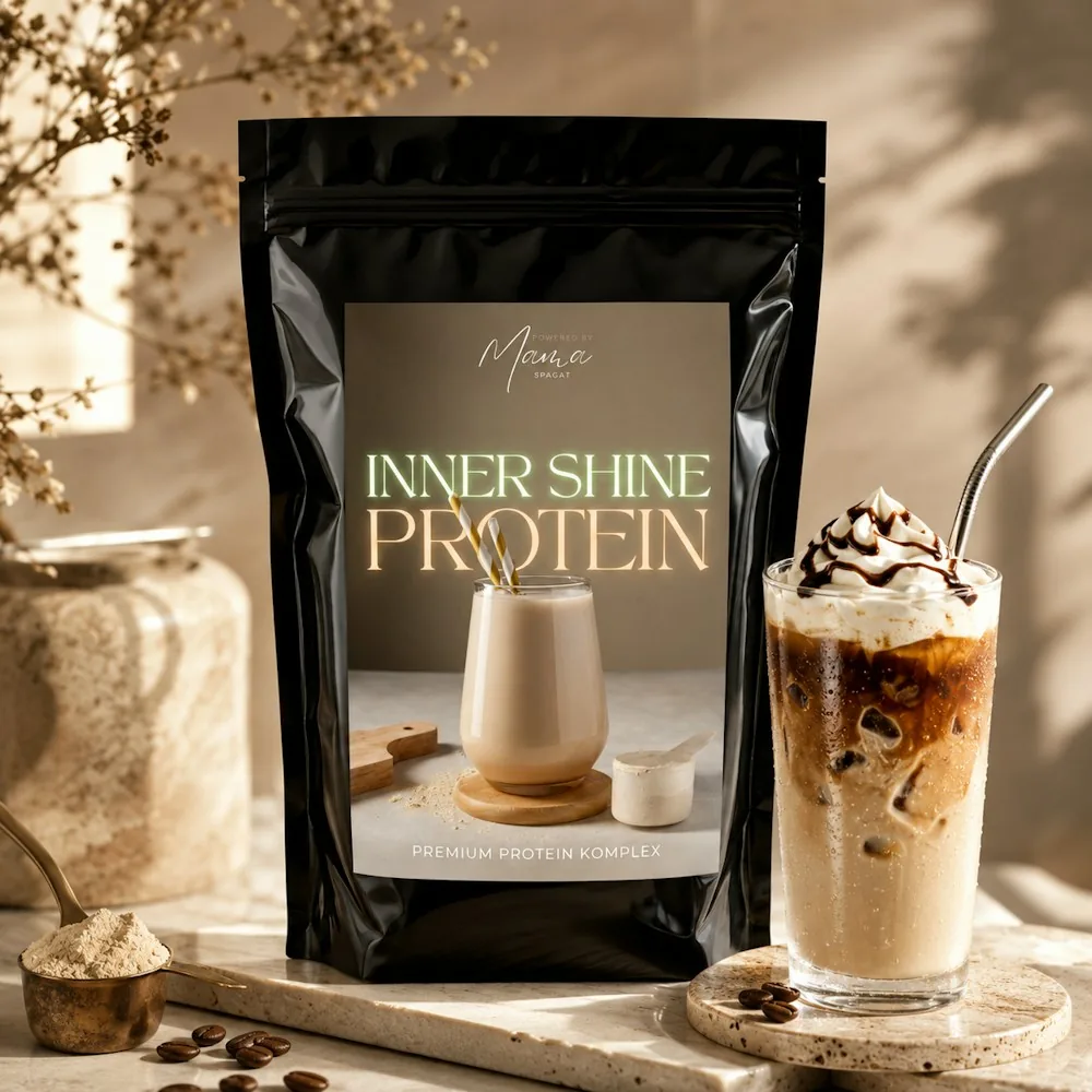 Schwarze Verpackung mit Aufschrift „Inner Shine Protein Premium Protein Komplex“ neben einem Glas Eiskaffee mit Sahne und Schokoladensirup, Kaffeebohnen und Pulver im Messlöffel.