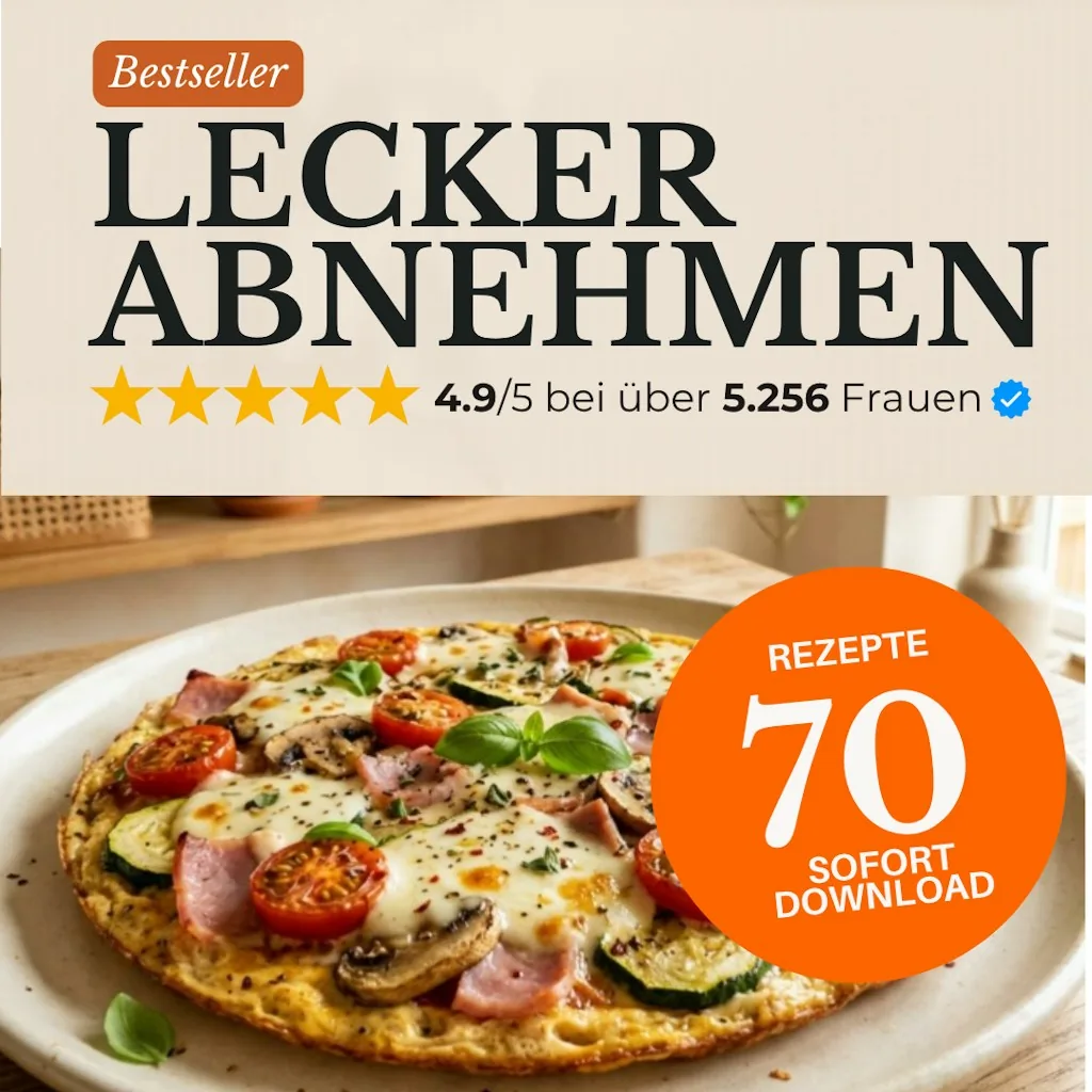 Low-Carb-Pizza mit geschmolzenem Käse, Kirschtomaten, Pilzen, Schinken und Zucchini, dazu Text zu 70 Rezepten zum leckeren Abnehmen.