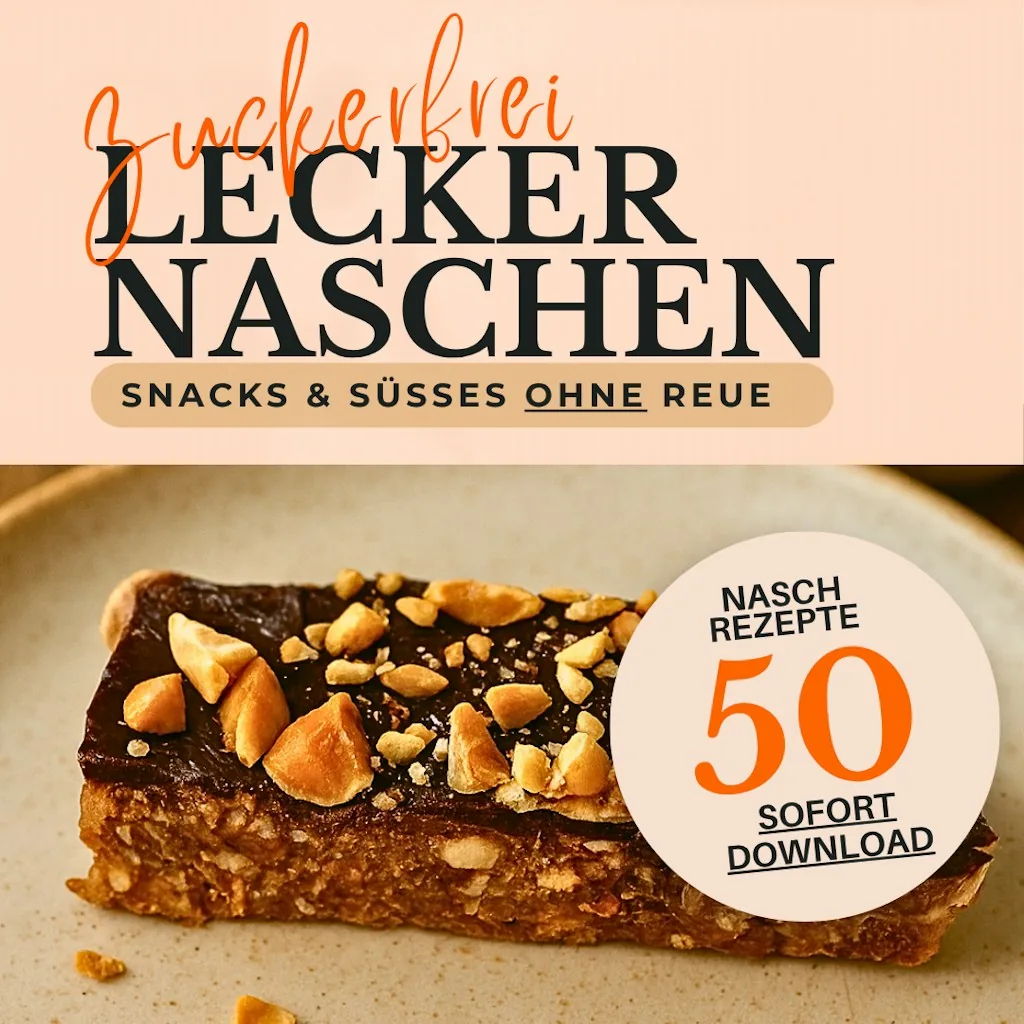 Zuckerfreie Snacks und Süßes ohne Reue, mit einem Snackriegel aus Nüssen und Schokolade, 50 Naschrezepte zum sofortigen Download.