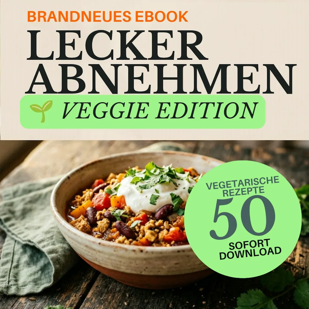 Schüssel mit vegetarischem Chili, garniert mit Sauerrahm und frischem Koriander, Text bewirbt ein neues eBook mit 50 vegetarischen Rezepten zum Sofortdownload.