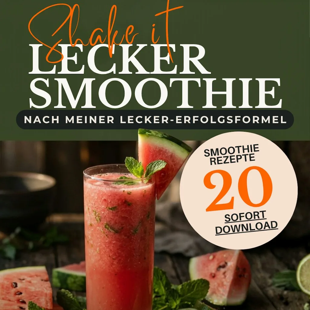 Roter Wassermelonen-Smoothie mit Minzblättern in einem Glas, umgeben von Wassermelonenstücken auf einem Holztisch, Text über 20 Smoothie-Rezepte zum Download.