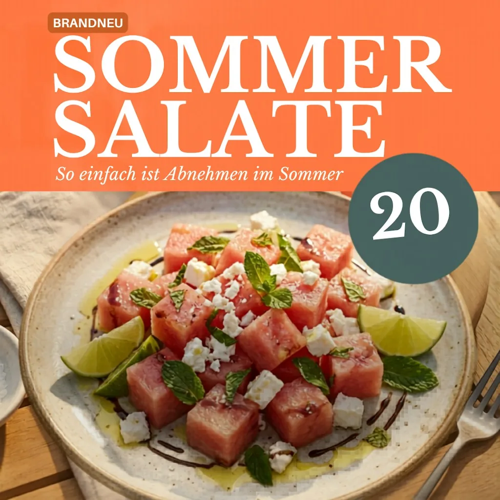 Wassermelonenwürfel mit zerbröckeltem Feta, Minzblättern, Limettenvierteln und Balsamico auf einem Teller serviert.