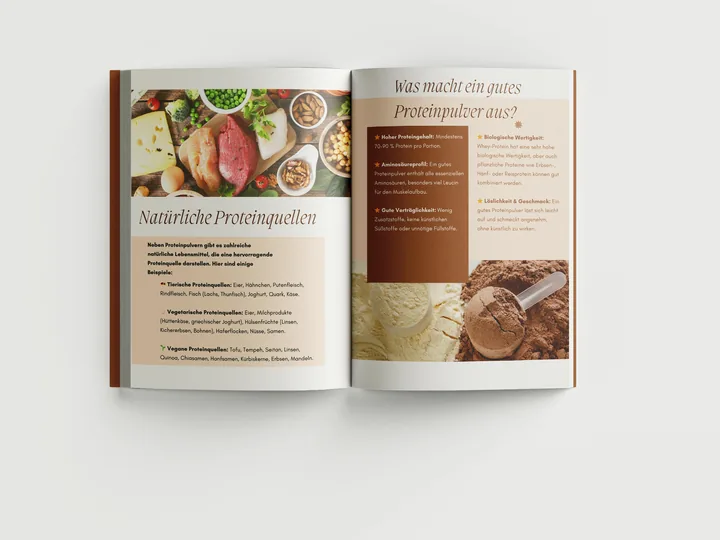 Aufgeschlagenes Buch „Die Protein Falle“ mit natürlichen Proteinquellen